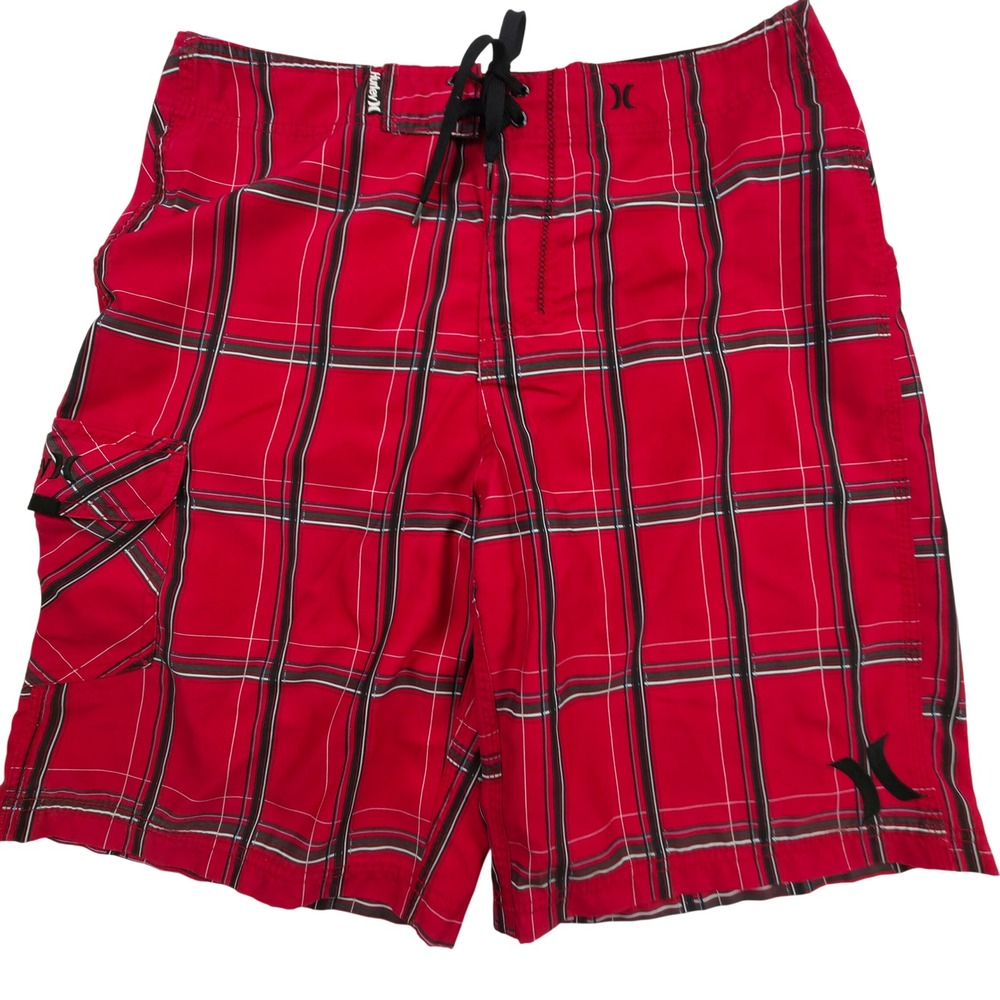 Hurley Board Shorts Mens 32 Red Plaid Swim Trunks Cargo Pocket MB04PRT Holiday